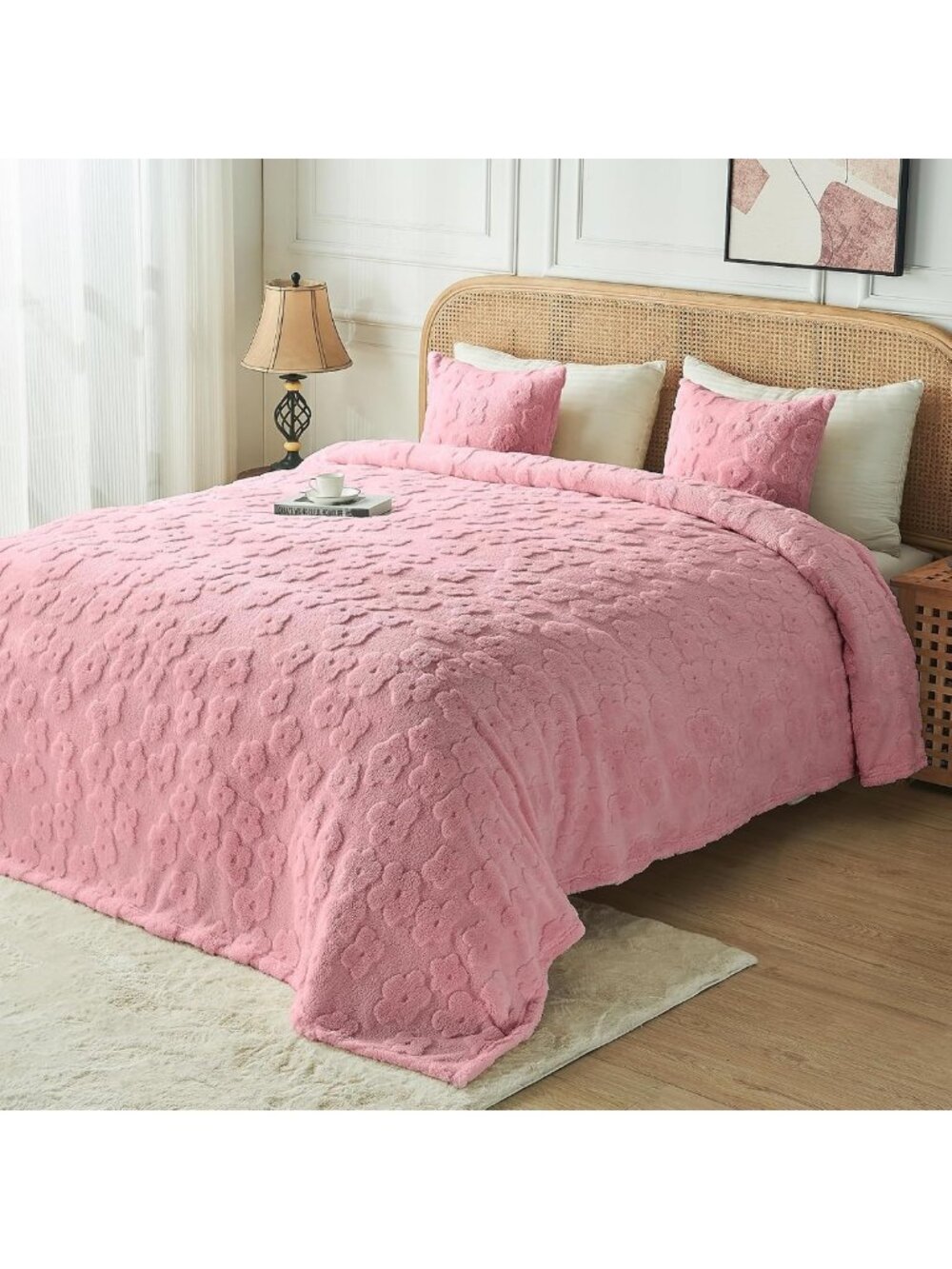 King Size Pink Floral Microfiber Blanket - Ultra Soft, Plush Waffle Weave